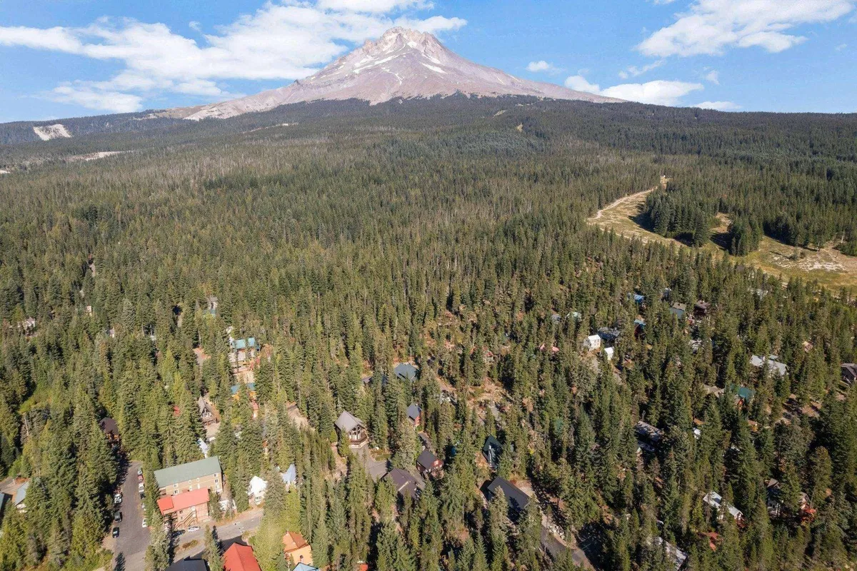 A breathtaking view of Mount Hood rising above a dense forest, with scattered cabins nestled among the trees. The expansive sky hints at opportunities for stargazing and soaking up the natural grandeur.