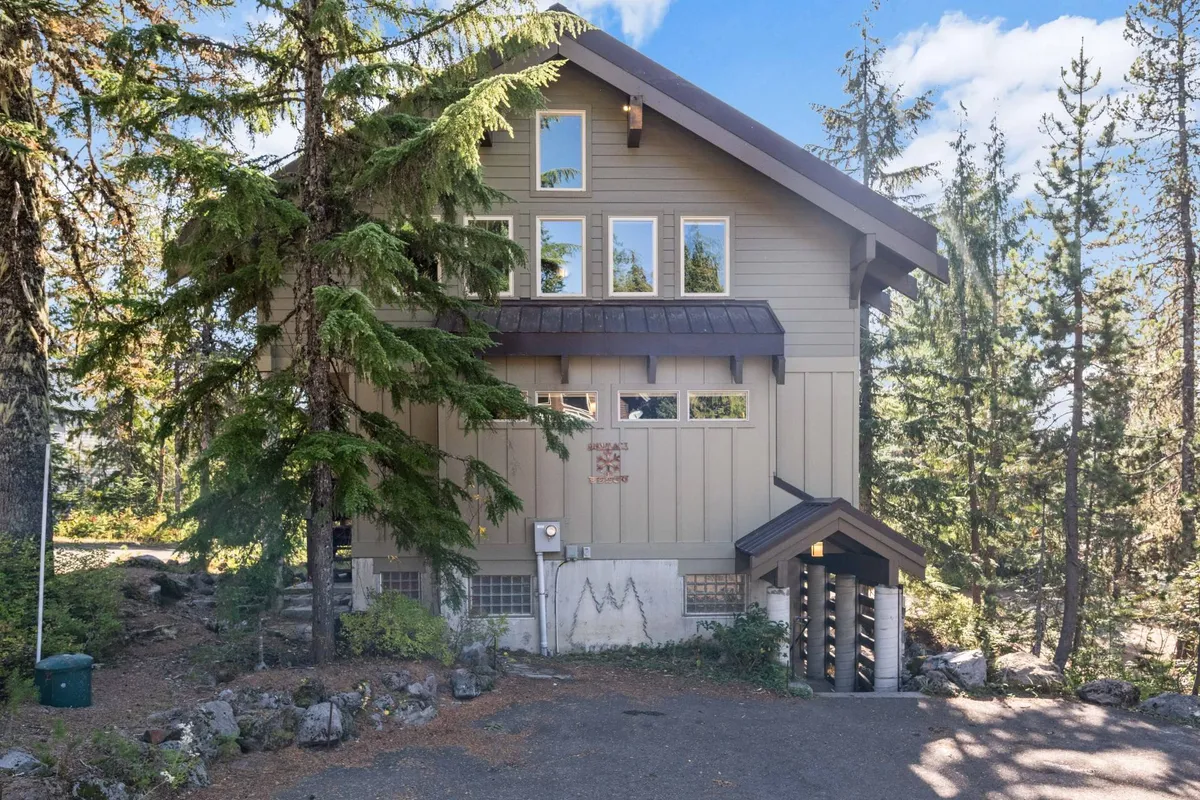 This exterior image showcases the wooden facade of the lodge framed by large windows and surrounded by lush trees. The open porch area hints at a welcoming entryway and a direct connection to nature and the outdoors.